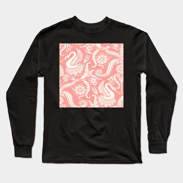 Cream on Peach Classy Medieval Damask Swans Long Sleeve T-Shirt by JamieWetzel